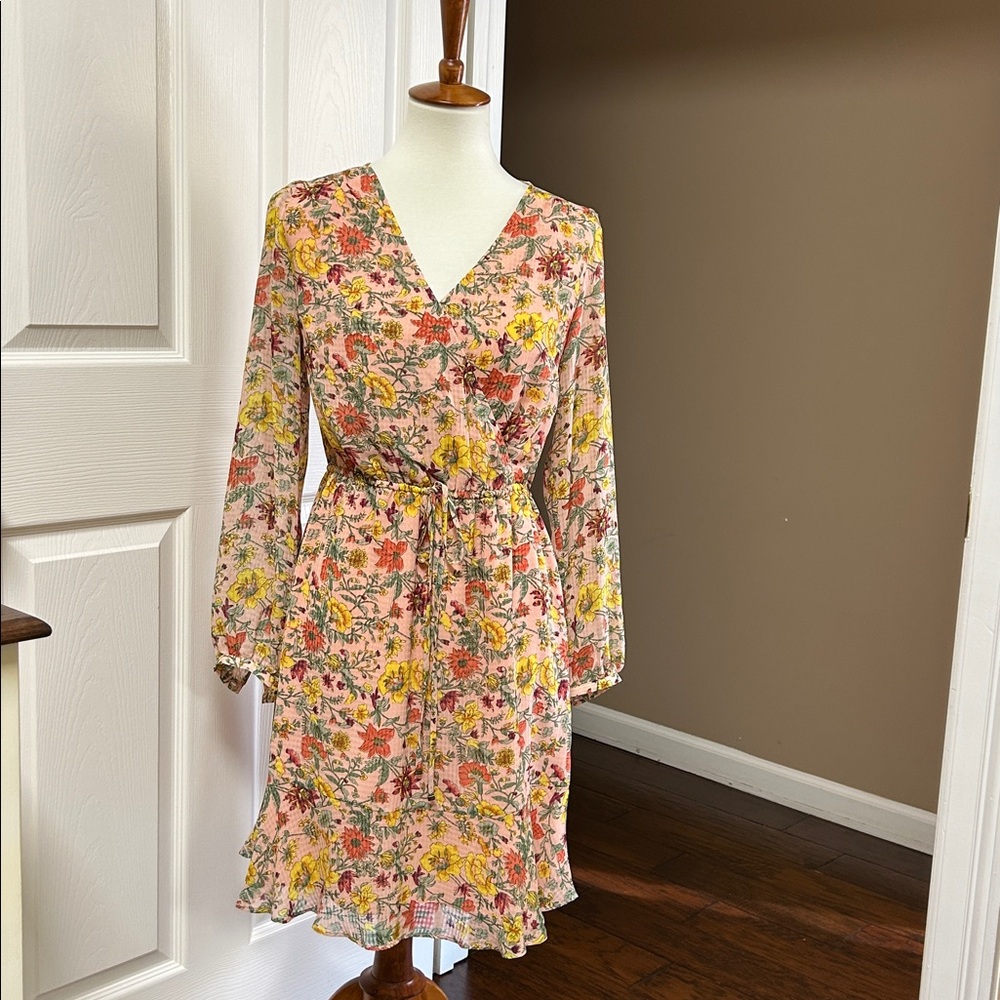 New LOFT M Garden Flounce Peach Floral A Line Long Sleeve Pink NWOT Size Medium